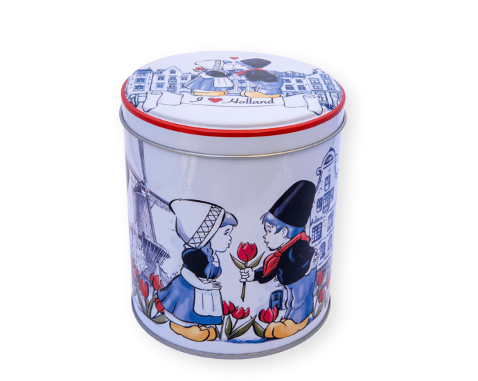 Blikje kleur, met oud-Hollandse print van boer en boerin