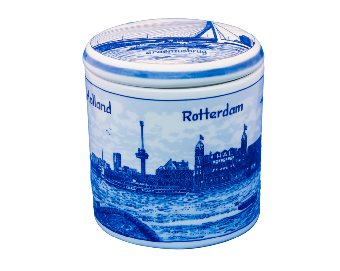 Pot aardewerk Delftsblauw, met oud-Hollandse print van Rotterdam