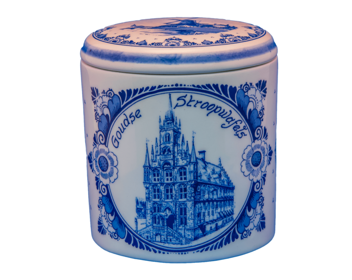 Pot aardewerk Delftsblauw, met oud-Hollandse print van Goudse stroopwafels