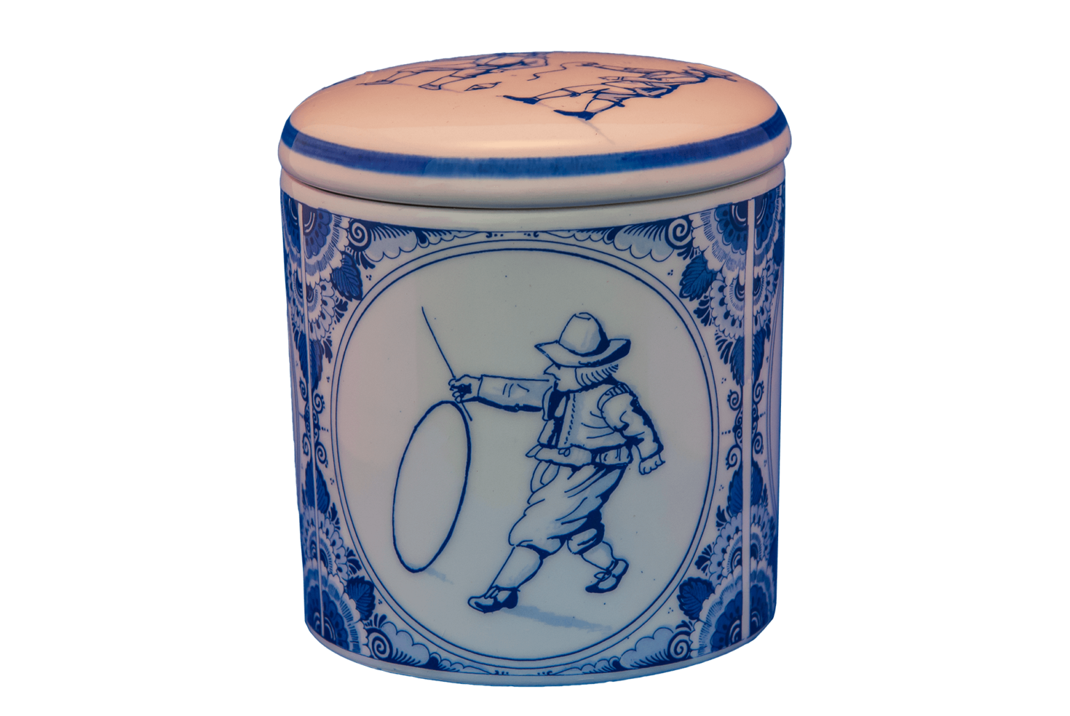Pot aardewerk Delftsblauw, met print van oud-Hollandse spellen