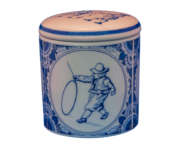 Pot aardewerk Delftsblauw, met print van oud-Hollandse spellen