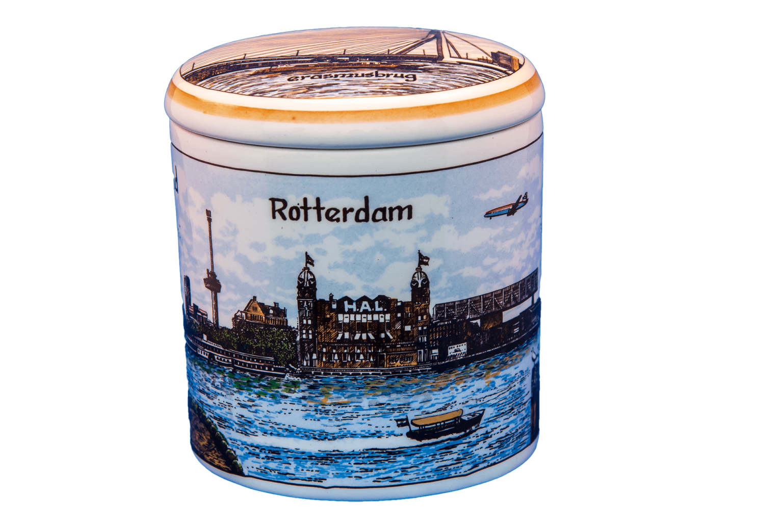 Pot aardewerk kleur, met oud-Hollandse print van Rotterdam