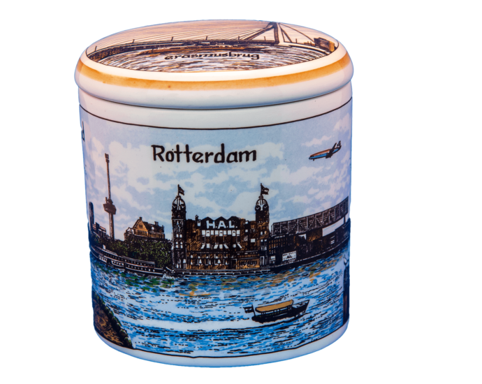 Pot aardewerk kleur, met oud-Hollandse print van Rotterdam